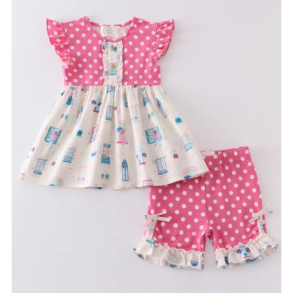 Cotton Castle Platinum Balcony Tunic Shorts Set Sz 4 Pink Polka Dot Boutique NEW